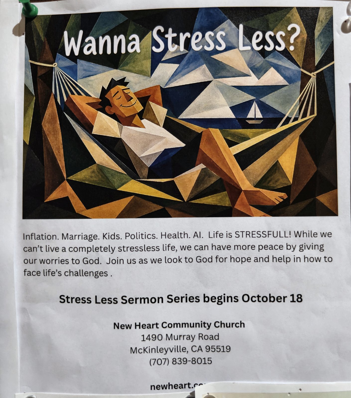 Flyer for Wanna Stress Less? Sermon Series