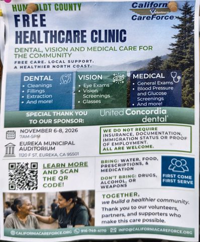 Flyer for Humboldt County Free Healthcare Clinic